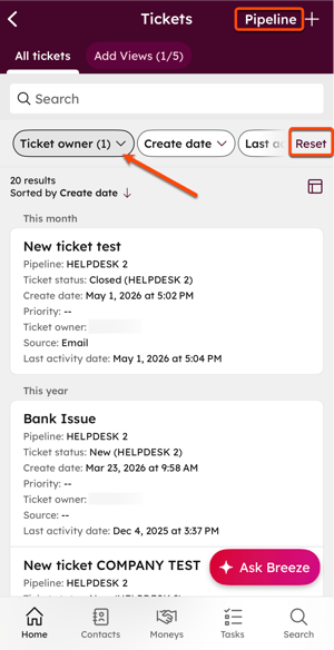 Tickets list in mobile app with list view active, showing filters, Reset option, Pipeline button, and ticket records with status and pipeline details.