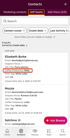 Mobile Contacts screen showing “Jeff Eastin” view with contact list and details like email, job title, and coffee preference highlighted.