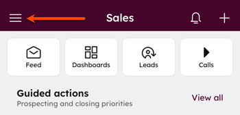 HubSpot mobile Sales home with highlighted menu icon in the upper left and tiles for Feed, Dashboards, Leads, and Calls.