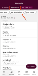 Contacts index in the mobile app showing the My contacts view with filters, an arrow pointing to Last Activity Date, and a list of contact records.