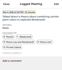 Logged meeting activity in the mobile app showing date, duration, meeting notes, attendees, and associated records.