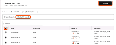 Restore Activities page showing a date range filter, a list of deleted activities with checkboxes selected, a “Select all 29 records” link highlighted, and a Restore button in the top right.