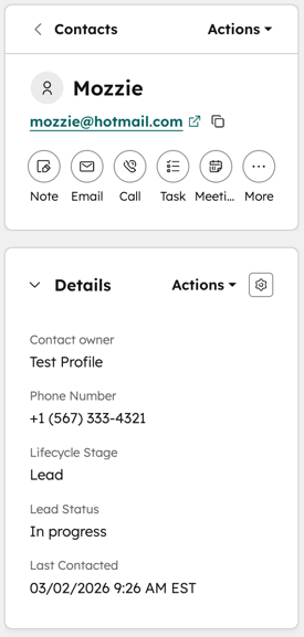 Contact record for Mozzie showing email, activity icons, and Details section with owner, phone number, lifecycle stage Lead, lead status In progress, and last contacted date.