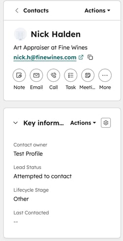 Contact record for Nick Halden showing job title at Fine Wines, email, activity icons, and Key information section with owner, lead status Attempted to contact, and lifecycle stage Other.