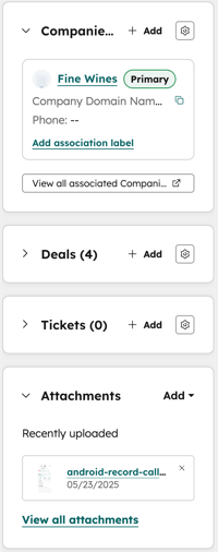 HubSpot contact record right sidebar with Company card labeled Primary (Fine Wines), Deals (4), Tickets (0), and Attachments section listing a recently uploaded file dated May 23, 2025.