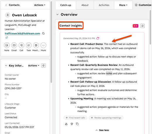 HubSpot contact record Overview tab displaying a Contact insights card generated by AI, summarizing recent engagement and follow-up recommendations.
