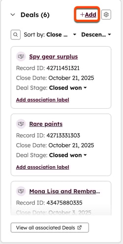 The Deals card on a contact showing existing deals and an Add button highlighted at the top for creating a new associated deal.