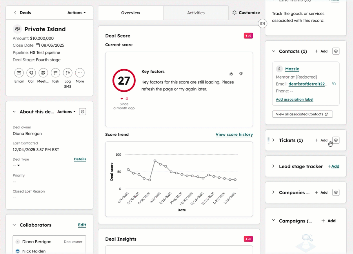 取引レコード「プライベートアイランド」を表示するGIF。ユーザーが右側のサイドバーにあるチケットカードで[追加]をクリックします。「Mozzie」という名前のコンタクトの関連付けの追加などの詳細を入力します。