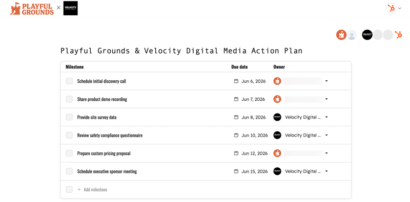 Tabela do plano de ação intitulada Playful Grounds and Velocity Digital Media Action Plan, mostrando seis marcos com datas de vencimento e proprietários atribuídos.