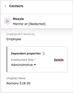 Contact record showing Employment Seniority set to Employee with a Dependent properties card displaying the required Employment Role value Administrative.