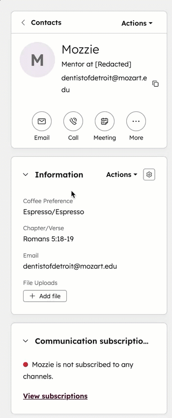 GIF of left sidebar of a contact named Mozzie. The user edits his coffee preference and Bible chapter.