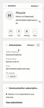 GIF of left sidebar of a contact named Mozzie. The user edits his coffee preference and Bible chapter.