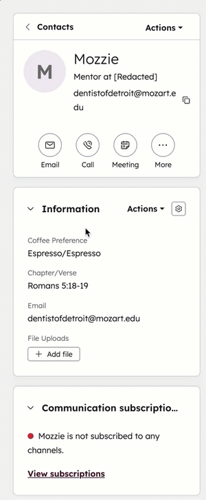GIF of left sidebar of a contact named Mozzie. The user edits his coffee preference and Bible chapter.