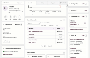 Record page of the contact "Mozzie". The user clicks an actions dropdown menu and selects 'export contact data'. They manage settings in the dialog box.