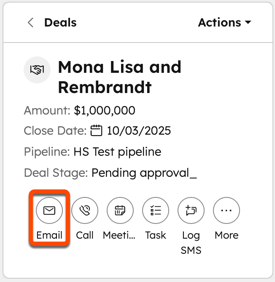 Email action icon highlighted on a deal record titled “Mona Lisa and Rembrandt,” with deal details and additional action icons displayed below.