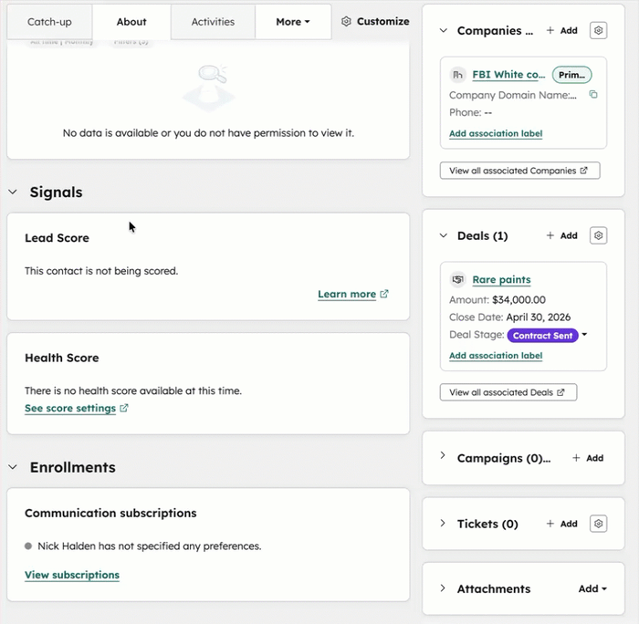 GIF displaying a right panel named "subscription status". The user subscribes a contact to marketing information and provides a legal basis for the action.