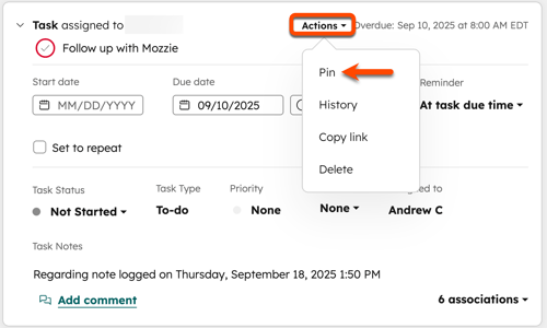 Task activity with Actions dropdown open, showing the Pin option selected to pin the activity.