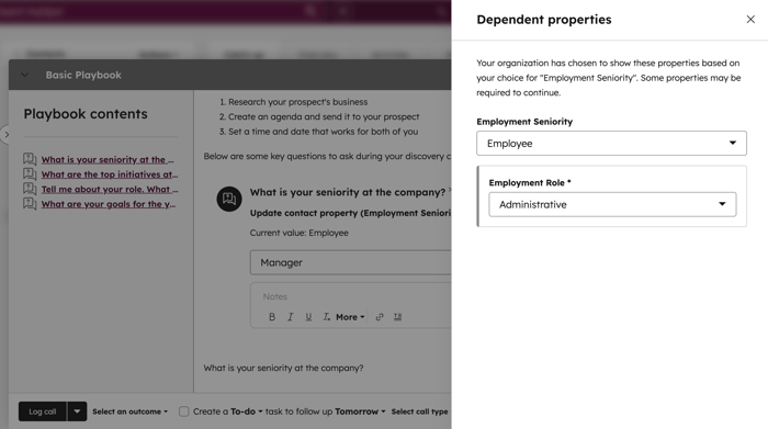 Playbook panel displaying dependent properties triggered by Employment Seniority. Employment Role appears as a required field in the dependent properties section.