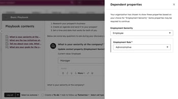 Playbook panel displaying dependent properties triggered by Employment Seniority. Employment Role appears as a required field in the dependent properties section.