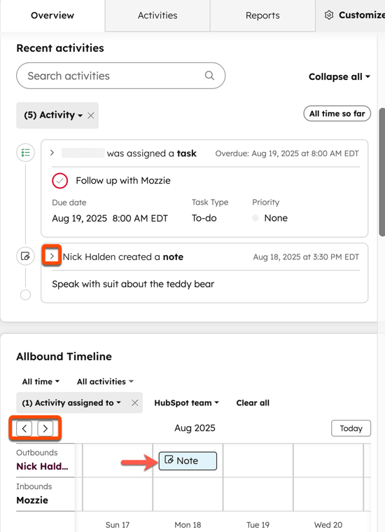 A HubSpot record showing Recent activities for a task and a note. An Allbound Timeline shows a calendar view with a highlighted Note icon to add a new note.