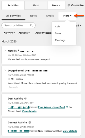 Contact record activity timeline showing the More dropdown menu expanded with Calls, Tasks, and Meetings options.