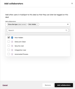 Add collaborators dialog for a deal, showing selected users and a list of HubSpot users available to add as collaborators.
