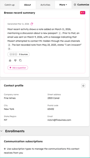 About tab on a contact record showing Breeze record summary with AI-generated activity recap, contact profile details, and communication subscriptions section.