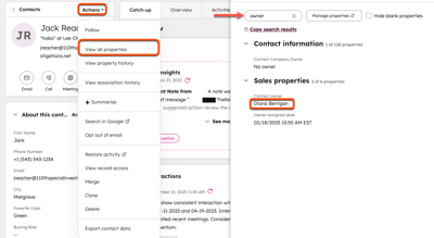 Contact record in HubSpot with the Actions menu open and View all properties selected; Owner property highlighted as Diana Berrigan.