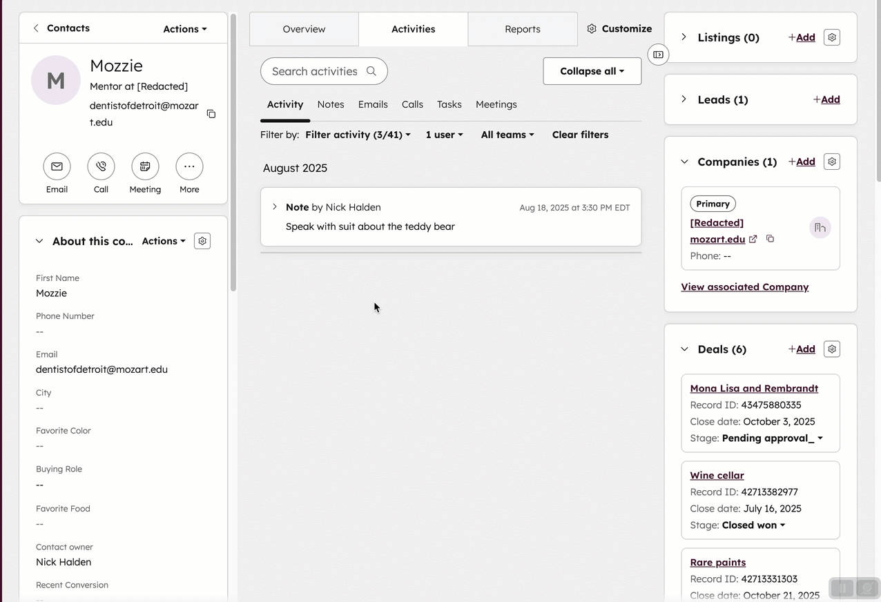 GIF displaying a contact named Mozzie. The user clicks "actions" in a left sidebar card to customize the properties shown.