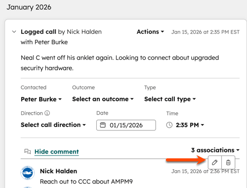 Logged call activity on a record showing call details, date and time fields, and a comment section with edit and delete icons highlighted next to a comment.