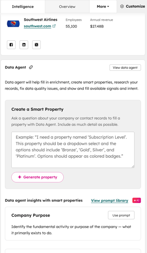 Intelligence tab on a company record showing company details, Data Agent overview, and a Create a Smart Property prompt with Generate property button.