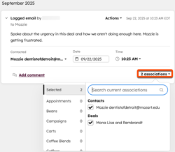 Logged email card with '2 associations' dropdown open, showing linked contact and deals, and a search associations field.