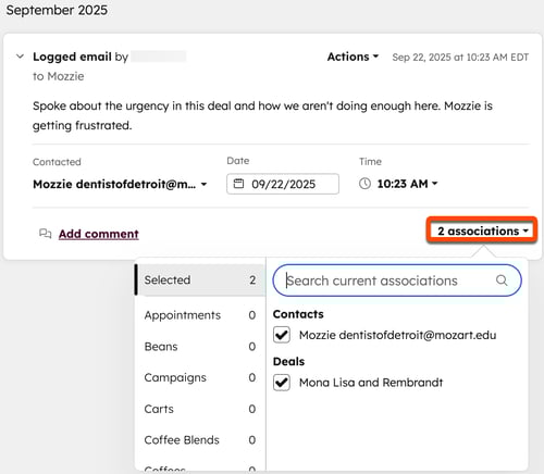Logged email card with '2 associations' dropdown open, showing linked contact and deals, and a search associations field.