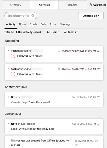 The middle column of a HubSpot record, showing the "Activities" tab with a timeline of upcoming tasks and past notes from August and September 2025.