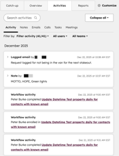 The middle column of a HubSpot record, showing the "Activities" tab with a timeline of upcoming tasks and past notes from December 2025.