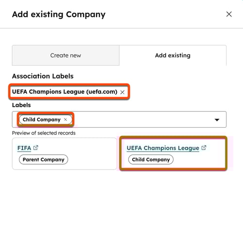 Adicionar caixa de diálogo de empresa existente mostrando os rótulos principal e empresa afiliada associação aplicados entre dois registros empresa.