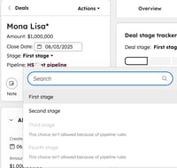 Deal record "Mona Lisa" with a stage dropdown menu showing available and unavailable stages, with restrictions based on pipeline rules.