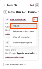 A HubSpot 'Deals' association card for 'New Italian Suit'. The 'more' options menu is open, with the 'Preview' button highlighted with an orange border.