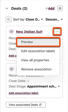 A HubSpot 'Deals' association card for 'New Italian Suit'. The 'more' options menu is open, with the 'Preview' button highlighted with an orange border.