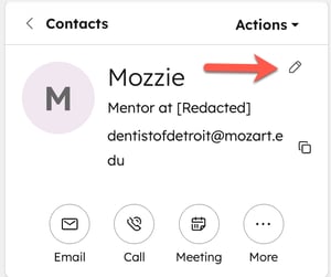 A HubSpot contact record for "Mozzie". An orange arrow points to the pencil icon, indicating the option to edit the primary display properties.