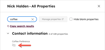 Coffee Preference property hidden in Nick Halden’s All Properties view, indicated by an eye icon with a slash.