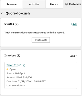 Revenue tab on a record showing Quote-to-cash cards with quotes and an open invoice listed.