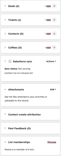 The right sidebar of a HubSpot record, showing associated items including "Deals (6)", "Tickets (1)", "Salesforce sync", "Attachments", and "List memberships".