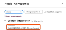A HubSpot All Properties panel for Mozzie. The highlighted Create date property shows the value 07/15/2025 10:28 AM EDT (3.1 months ago).