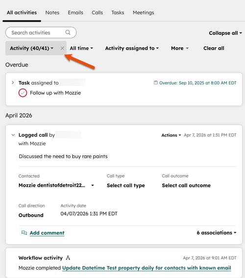 Activity timeline showing filters applied, with an Activity filter dropdown menu selected and a task and logged call displayed.