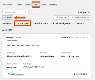 Calls activity tab with filters applied, including Call outcome and Filters options, showing a logged call in the activity list.