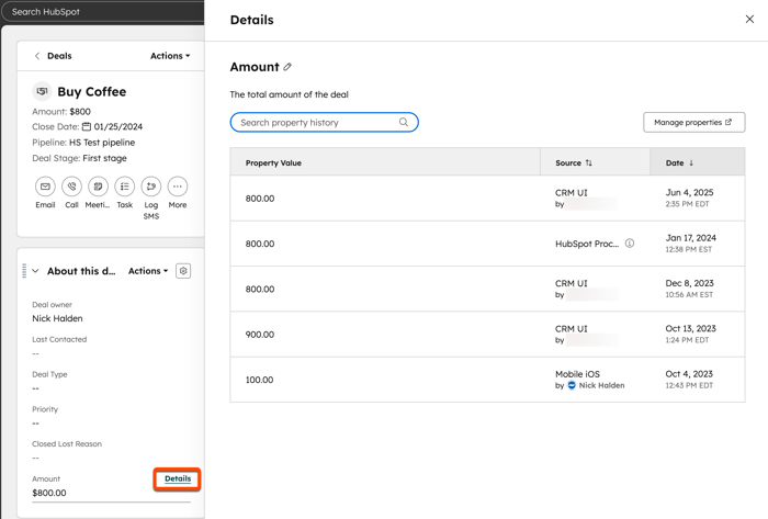 Deal record for Buy Coffee with the Details panel open, showing property history, date, and source for the Amount property.