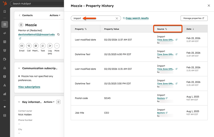 Contact property history filtered by “import,” highlighting the Source column showing multiple updates labeled Import.