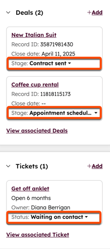 Right sidebar associated record cards shown. "Stage" and "Status" properties are highlighted with an orange box.