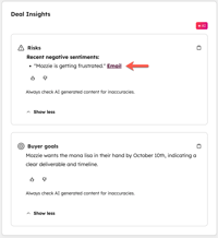 A Deal Insights card. The Risks section highlights a negative sentiment, and an orange arrow points to the linked source, which is an Email.